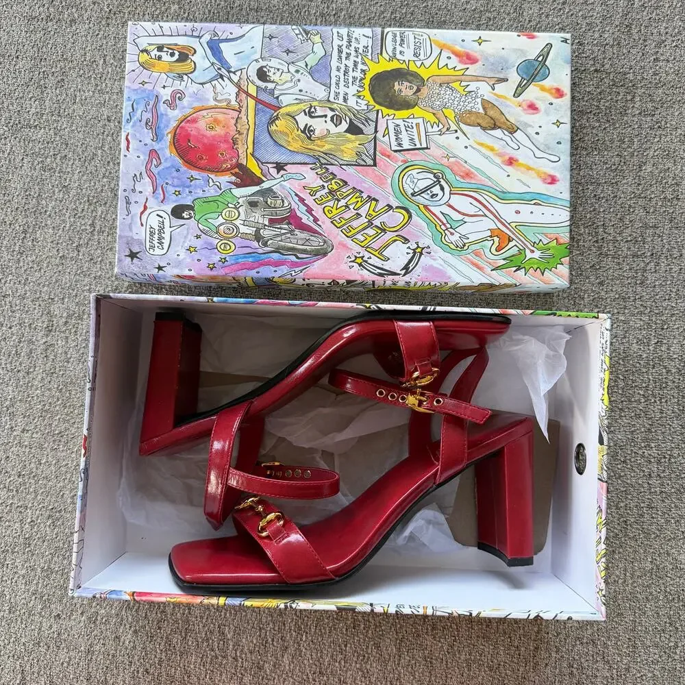 Jeffrey Campbell Lively Red Leather Horsebit Sandal Heels Size 8